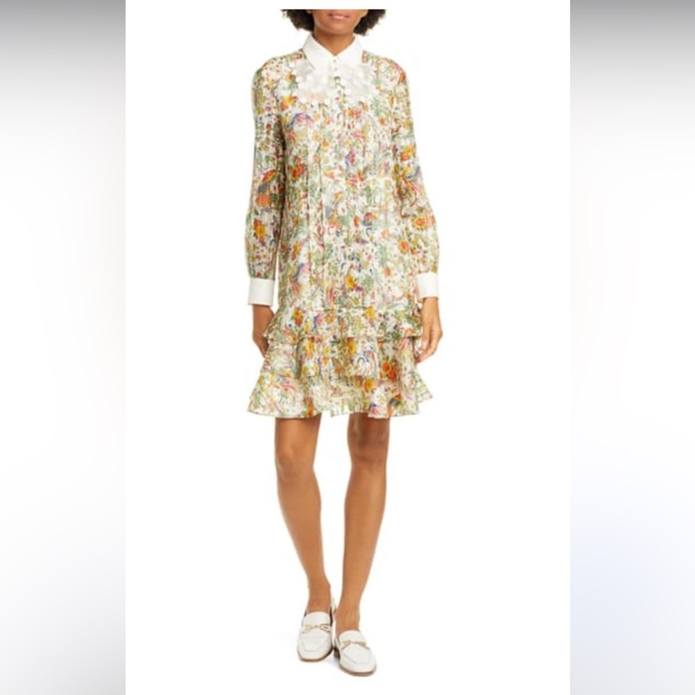 Tory Burch Tiered Floral Silk Metallic Chiffon Dress